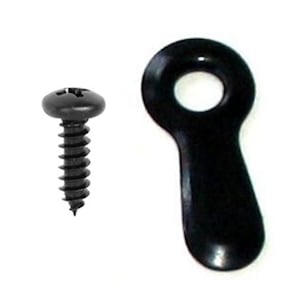 May include: A black screw and a black keyhole hanger are displayed against a white background. The screw has a round head with a slotted recess. The keyhole hanger is teardrop-shaped with a circular hole at the top.