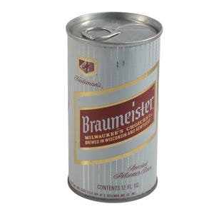 May include: A vintage Braumeister beer can with a silver and gold color scheme. The can features the brand name in a burgundy banner, with text indicating it's a special Pilsener beer, brewed in Wisconsin and Kentucky. The can contains 12 fl oz.