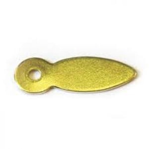 May include: A gold-colored metal picture hanging hook with a loop on one end and a flat, oval-shaped plate on the other end.