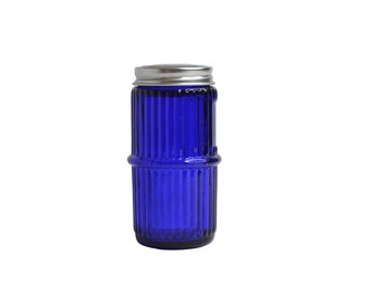 Blue Mission Style Ringed Spice Jar with Lid for Hoosier and Sellers style Cabinets, Vintage or Retro Style, Reproduction Jar