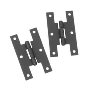 May include: Two black metal hinges with a traditional design. The hinges are closed and ready to be installed.