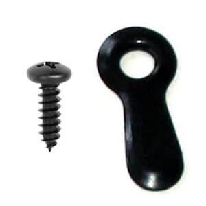 May include: Black metal screw with a round head and a black metal eyelet with a loop. The eyelet is shaped like a teardrop.