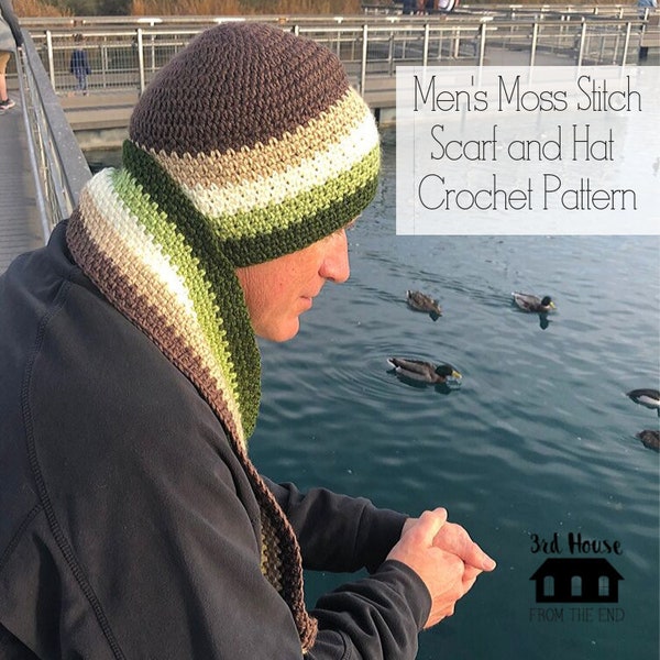 CROCHET PATTERN - Men’s Moss Stitch Scarf and Hat Crochet Pattern in Nature Colorway - Simple Men's Hat and Scarf