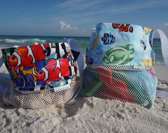 Tropical Fish Seashell Bag, Shell Collecting bag, Scallop Bag, Adult, Kids, Mesh Bag, Beach Bag, SeaShell bag, fish bag