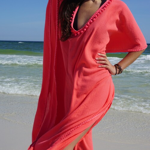 Beach Cover Up Coverup With Pom Poms Swimsuit Coverup Gauze Etsy