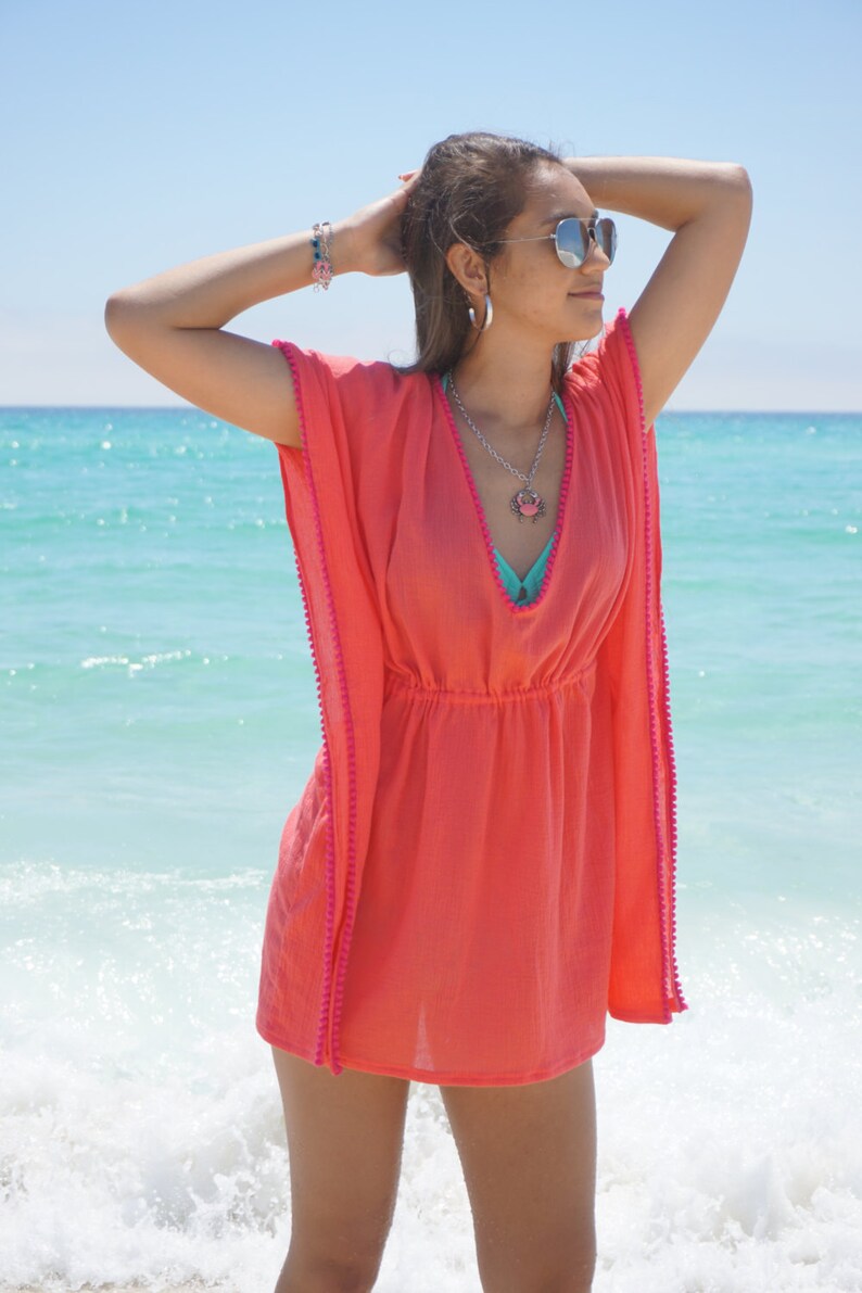 Beach Cover Up Coverup With Pompoms Swimsuit Coverup Gauze Etsy