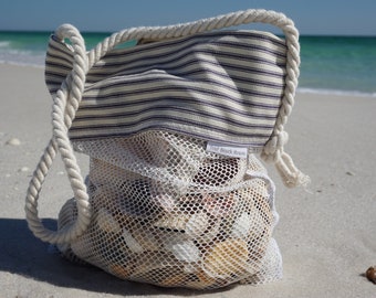 Seashell Bag, Stripes, Shell Collecting bag, Scallop Bag, Adult, Kids, Mesh Bag, Beach Bag, SeaShell bag, Rope and Stripes, Ocean, Beach