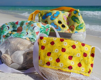 Sunglasses and Flip Flops Seashell Bag, Shell Collecting bag, Scallop Bag, Adult, Kids, Mesh Bag, Beach Bag, SeaShell bag, Coconut Drinks