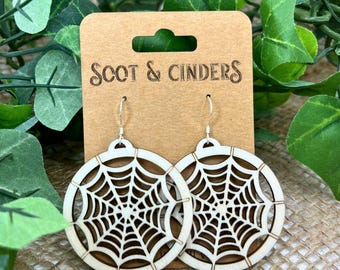 Recycled Sterling Silver Aspen Wood Round Spider Web Spiderweb Statement Earrings | Laser Carved Natural Jewelry | Sustainably Handmade
