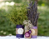 Rustic Wedding Centerpiece, upcycled decorated tin cans, burlap