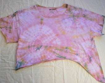 Yellow & Green on Muted Pink Tie Dye Crop Top w/ Embroidery