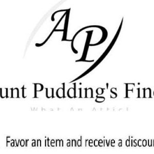 May include: Black and white logo for "Aunt Pudding's Finds" with the letters "AP" in a stylized font. Below the logo is the text "Aunt Pudding's Finds" and the phrase "Favor an item and receive a discount".