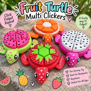 May include: Four turtle-shaped fidget toys with colorful shells resembling fruit patterns, including watermelon, orange, strawberry, and dragon fruit designs. Each turtle has a head with large eyes and clickable shell segments.