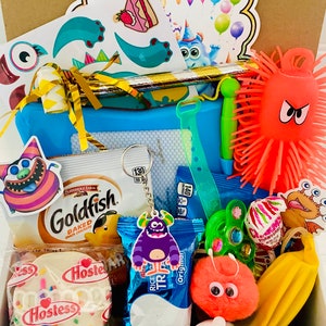 Monster Themed Kids Birthday Box Filled with Toys and Snacks