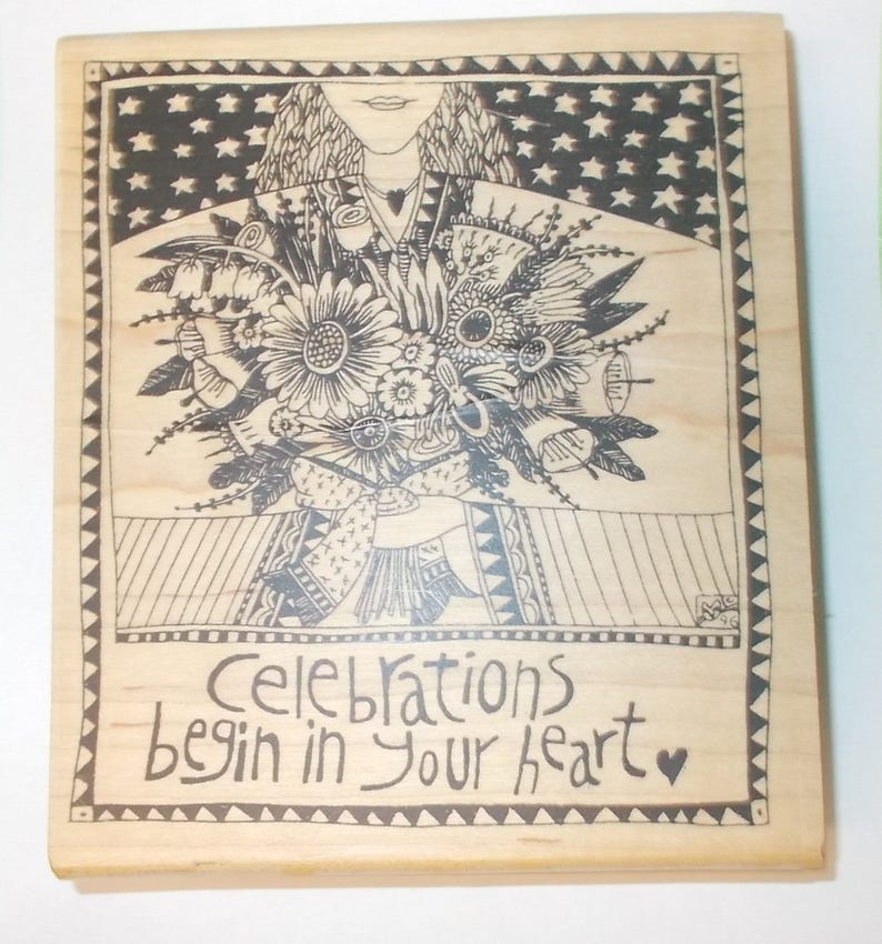 Collectible Marsha Mccarthy rubber stamp woman flowers by American Art stamps wood mounted papercrafting cardmaking mixed media collage