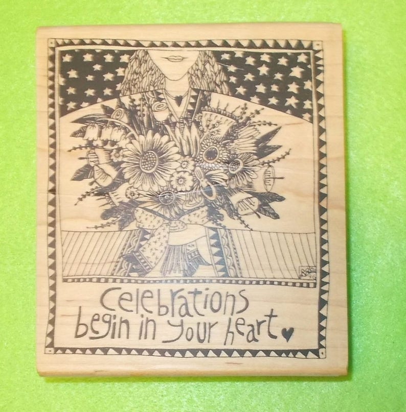 Collectible Marsha Mccarthy rubber stamp woman flowers by American Art stamps wood mounted papercrafting cardmaking mixed media collage