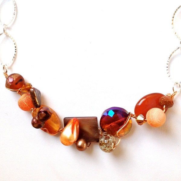 Burnt Orange Crystal Necklace - Brown and Orange OOAK Wired Necklace - Copper and Orange Necklace - Copper Necklace - Brown Gemstone Necklac