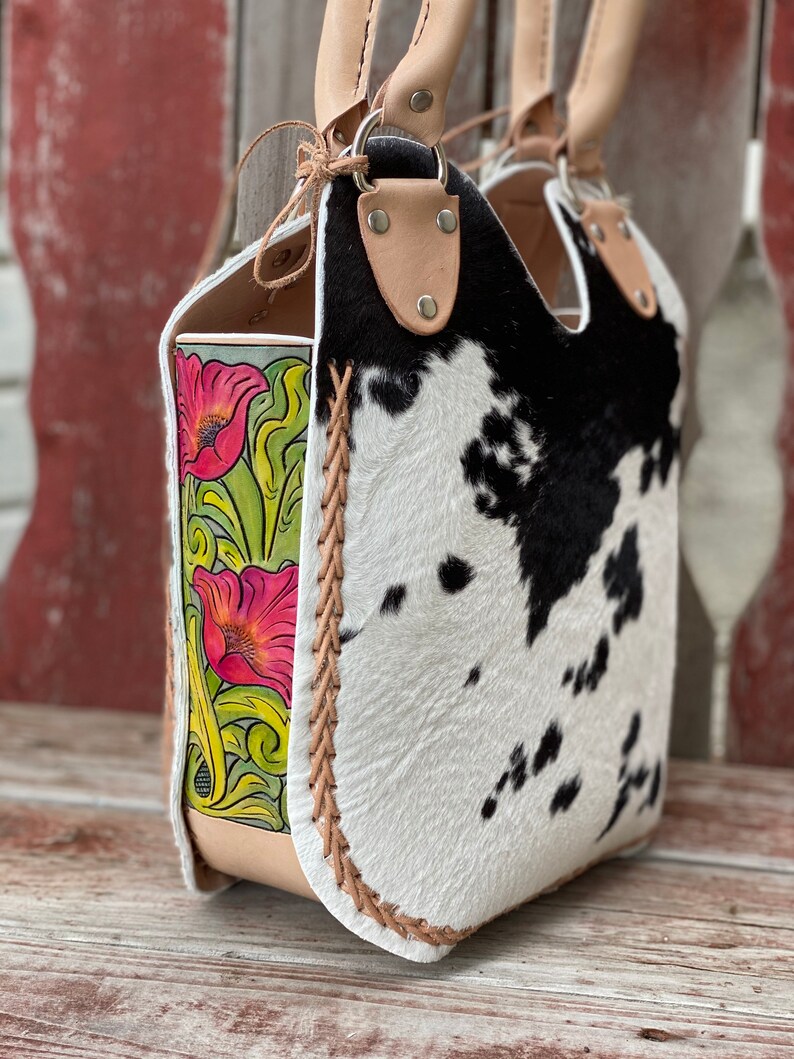 Custom Tooled Hair on Calf Hide Purse Tote Floral Tooling Tote Etsy