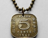 1945 Ceylon 5 Cents coin pendant Sri Lankan Sinhalese Colombo decorative emblem square golden World War 2 necklace jewelry n001002