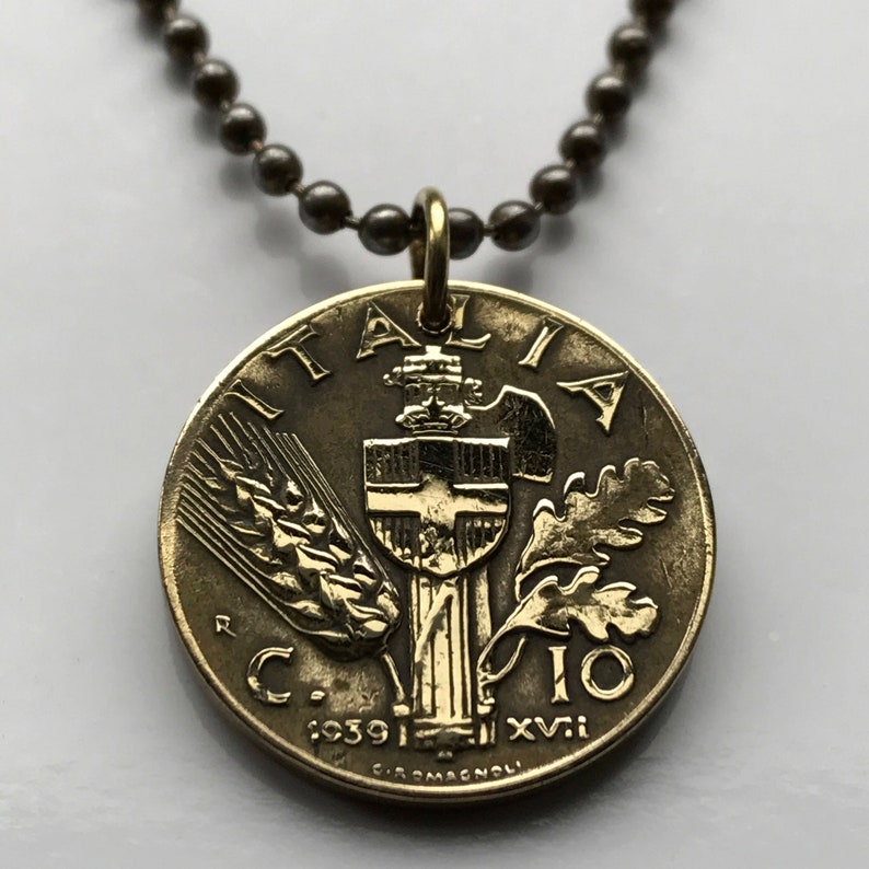 1939 Italy 10 Cent coin pendant Savoy shield Rome Florence Milan Pisa Matera Sorrento Trento Capri Bari Cinque Terre World War 2 n000547