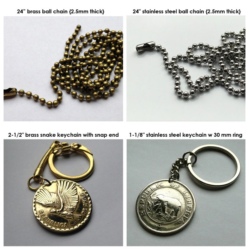 May include: A collection of metal chains and keychains. Includes a 24-inch brass ball chain, a 24-inch stainless steel ball chain, a 2-1/2 inch brass snake keychain, and a 1-1/8 inch stainless steel keychain. The keychains feature coin-shaped pendants.