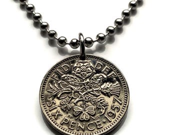 1967 United Kingdom Britain 6 Six Pence coin pendant wedding bride Tudor rose thistle shamrock leek English Welsh Scottish London n000085