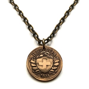 1851 Switzerland Helvetia 2 Rappen coin pendant Swiss cross Zurich Geneva Bern Basel Lausanne Winterthur Lucerne Saint Gallen Lugano n000908