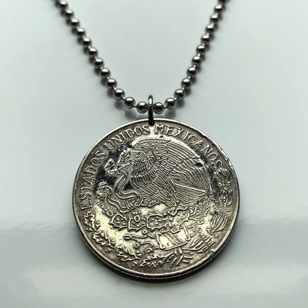1970 Mexico Peso Coin Pendant Necklace Mexican Eagle Jalisco Morelia