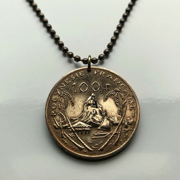 1984 French Polynesia Tahiti 100 Francs coin pendant Morea Harbour Cook's Bay Huahine South Pacific Maori tiki Papeete Maohis charm n002929