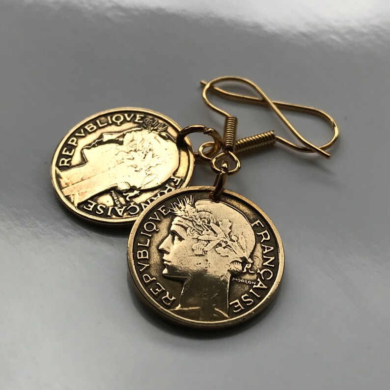 1939 France 50 Centimes coin earrings French Marianne Paris Lille Rennes Reims Saint-\u00c9tienne Le Havre Toulon Dijon Louvre WWII e000030