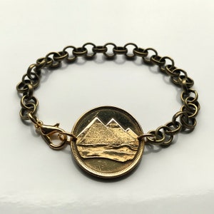 1984 Egypt 5 Piastres coin bracelet Egyptian pyramids of Giza Cairo  Nile Mansoura Tanta Faiyum Thebes Karnak Asyut Dahab Taba Nubia b000075
