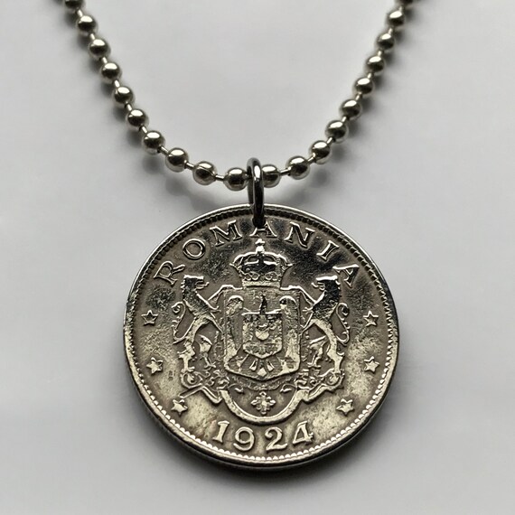 1924 Roumanie 2 Lei Pièce Pendentif Lions Roumain Aigle Bucharest Valachie Moldavie Danube River Sibiu Braşov Sighișoara Collier N001226