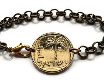 Pulsera con moneda de 10 Agorot de Israel de 1977, palmera datilera judía, menorá de Jerusalén, Torá hebrea, Lulav, Judea, Masada, Cesarea, Talmud, Sión, judío, b000138