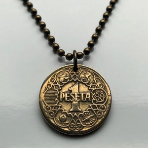 1944 Spain Peseta coin pendant Castile Leon Aragon Navarre Granada Spanish crown Sevilla Malaga Granada Cataluña España Basque WWII n000637