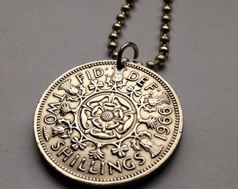 1961 United Kingdom Great Britain 2 Shilling coin pendant English tudor rose Scottish thistle Irish shamrock Welsh leek England York n001772