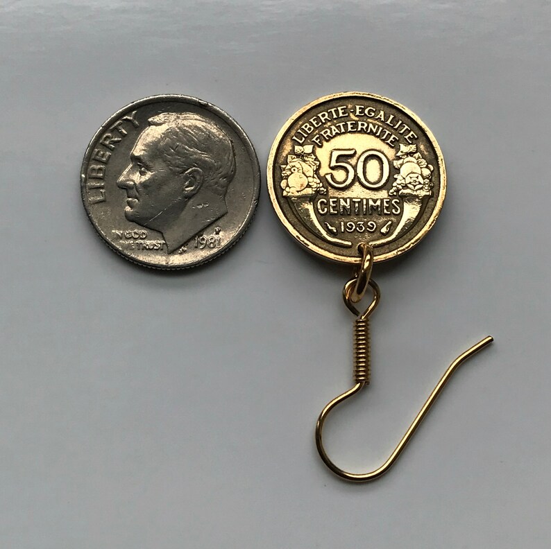1939 France 50 Centimes coin earrings French Marianne Paris Lille Rennes Reims Saint-\u00c9tienne Le Havre Toulon Dijon Louvre WWII e000030