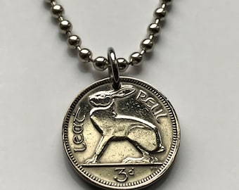 1964 Ireland Éire 3 Pence coin pendant Irish rabbit hare bunny Celtic harp cláirseach Gaelic Dublin Cork Limerick Galway Waterford n000121