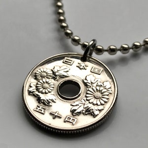 1971 Japan Nippon 50 Yen coin pendant Japanese Chrysanthemum flower Tokyo Osaka Fukuoka Okinawa Kanji Hiroshima Sendai Gunma mums n000357