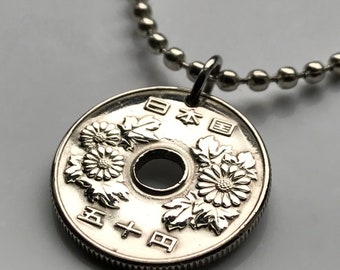 1969 Japan Nippon 50 Yen coin pendant Japanese Chrysanthemum flower mums Tokyo Osaka Fukuoka Okinawa Kanji Hiroshima Sendai Gunma n000357