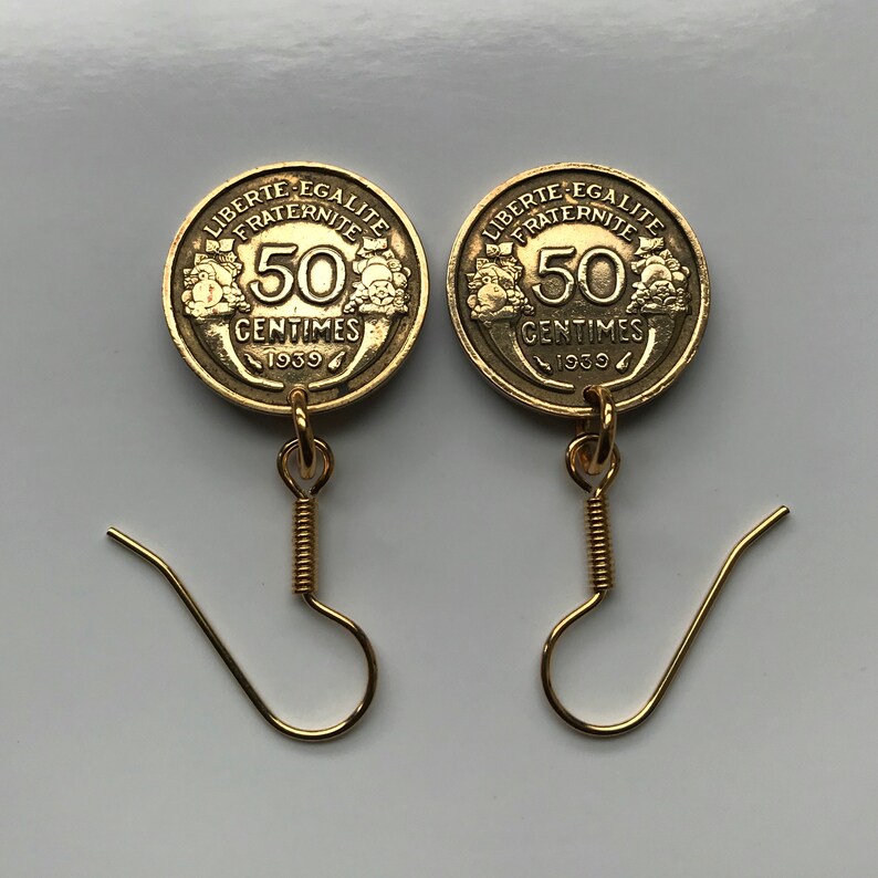 1939 France 50 Centimes coin earrings French Marianne Paris Lille Rennes Reims Saint-\u00c9tienne Le Havre Toulon Dijon Louvre WWII e000030