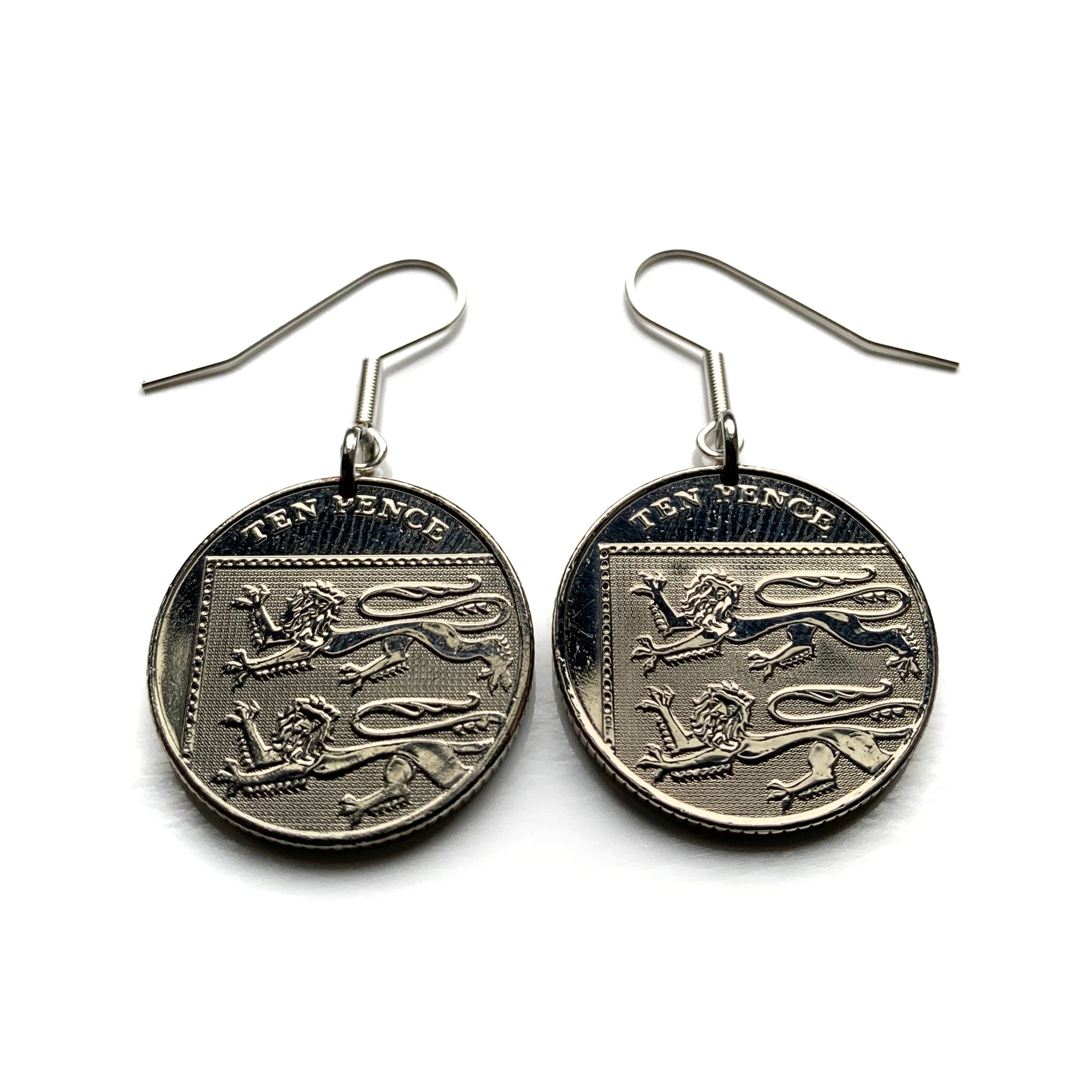 United Kingdom England 10 Pence coin earrings English lions Royal shield Queen Elizabeth London Manchester Birmingham Yorkshire Brit e000591