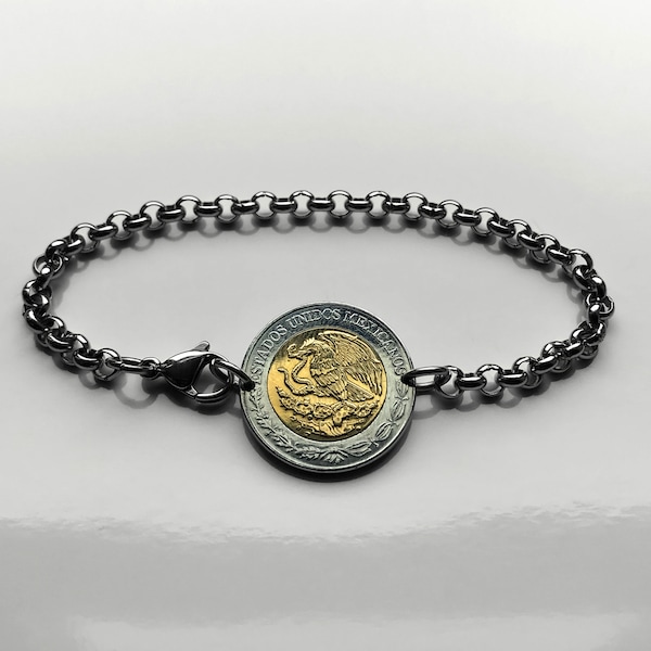 2005 Mexico 1 Peso coin bracelet Mexican eagle Monterrey Guadalajara Puebla Oaxaca Juárez Morelia Michoacán Zapopan Toluca Chiapas b000108