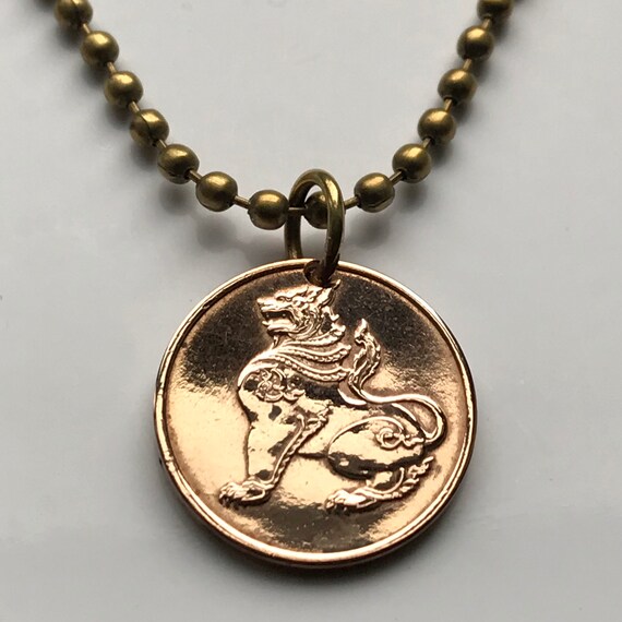 Burma Myanmar 1 Pya Coin Pendant Burmese Chinthe Half Lion Dragon Naypyidaw Yangon Jewelry Mythical Creature Pagoda Guard Necklace N000016