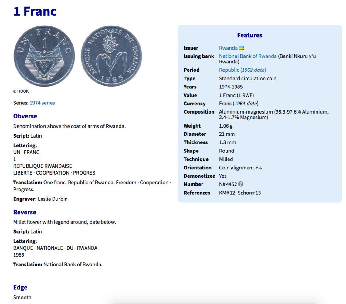 1985 Rwanda 1 Franc Coin Pendant Pearl Millet Flower African Finger ...