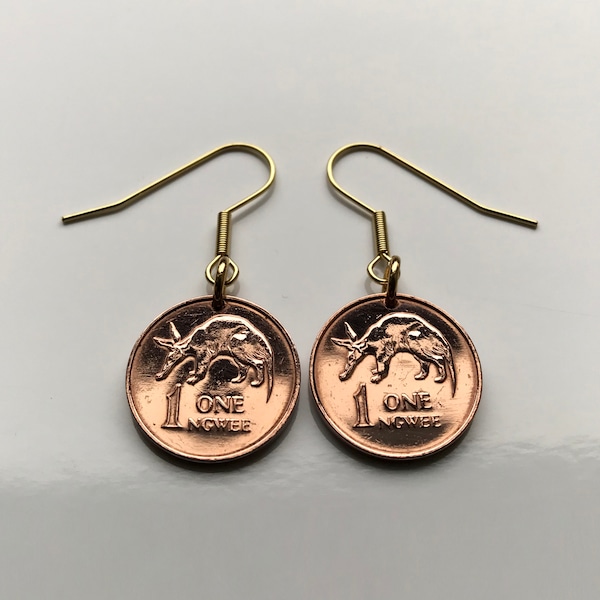 1983 Zambia 1 Ngwee coin earrings cute aardvark anteater Lusaka African Bemba Kasama Solwezi Mansa Tonga Bantu Loni Nsenga e000476