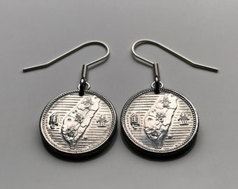 1955 Taiwan China Jiao coin earrings Taiwanese map Formosa Taipei Keelung Chiayi Changhua Miaoli Taoyuan Taitung Magong Penghu Hakka e000518