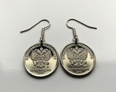 2017 Russia Ruble coin earrings Rossiya double headed eagle Moscow Sochi Ivanovo Volga Petergof Pyatigorsk Astrakhan Samara Kremlin e000392