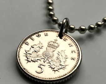 1990 Scotland United Kingdom 5 Pence coin pendant Scottish thistle Edinburgh Glasgow Aberdeen Stirling Dundee Paisley East Kilbride n001650