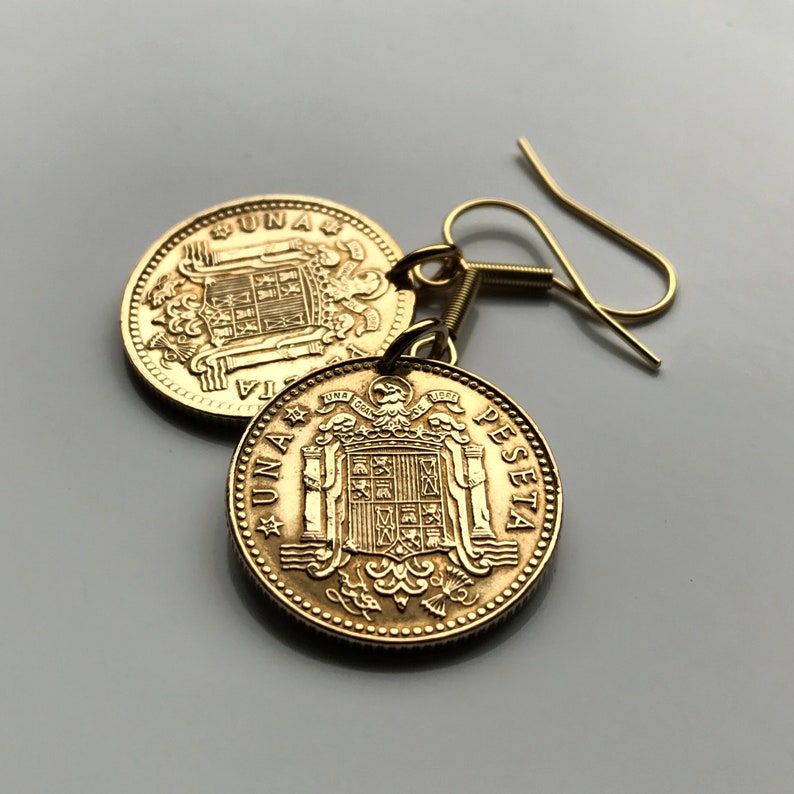 1975 Spain 1 Peseta coin earrings escudo Espa\u00f1ol Madrid Barcelona Murcia Asturias Catalu\u00f1a Espa\u00f1a Las Palmas Vigo Gij\u00f3n Ibiza Oviedo e000304