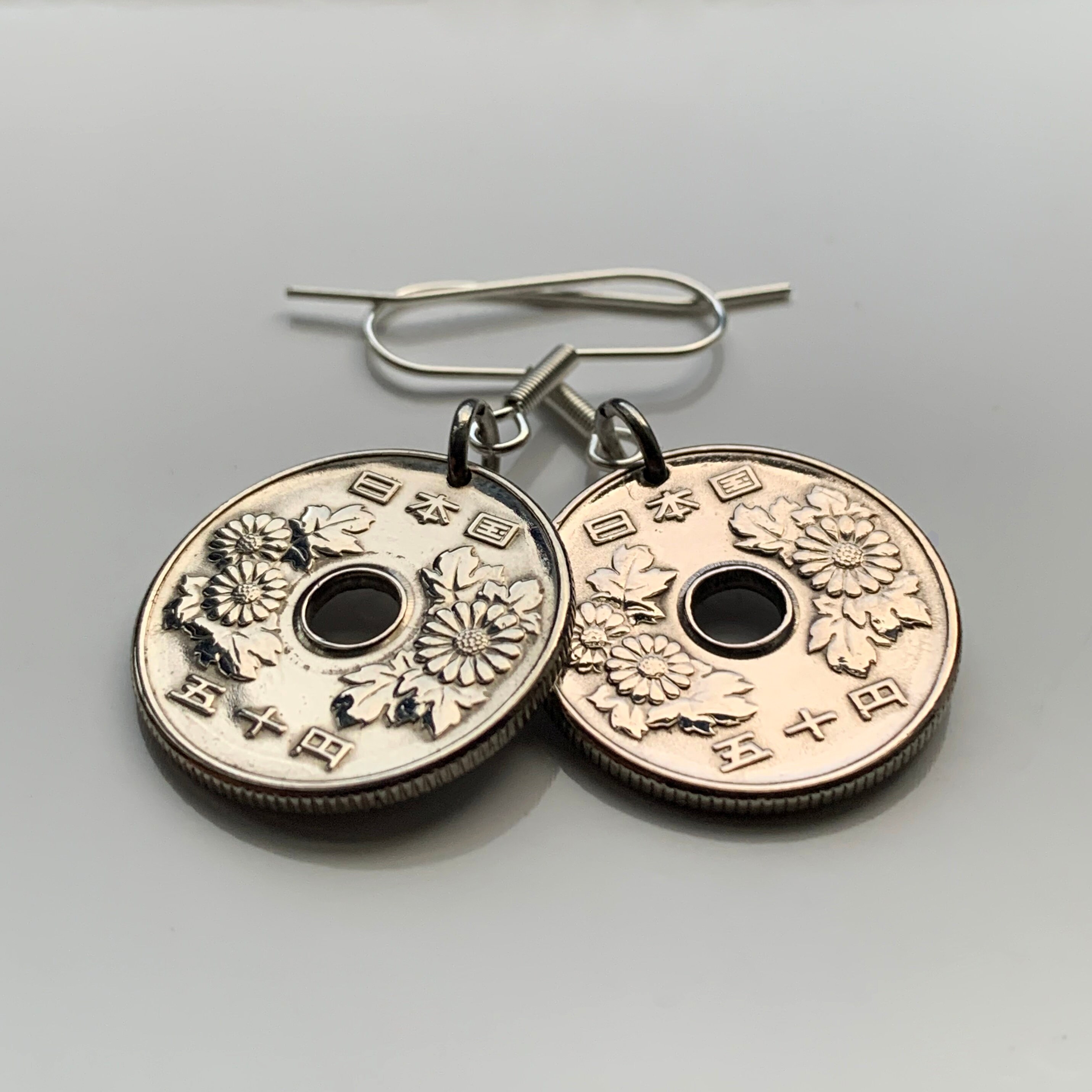 1977 Japan Nippon 50 Yen Coin Earring Japanese Chrysanthemum